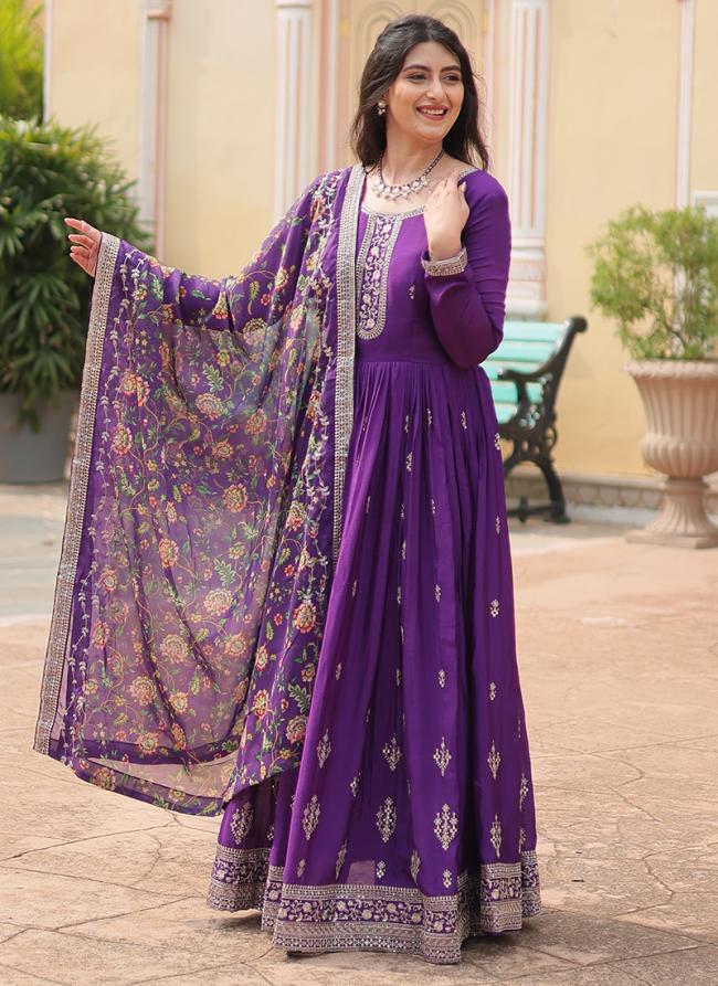 Chinnon Purple Party Wear Embroidery Work Readymade Gown With Dupatta